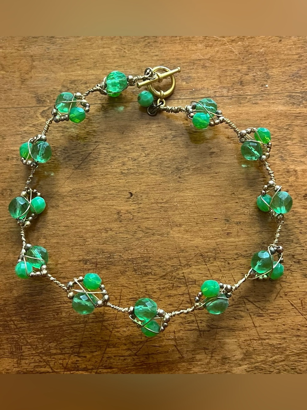 Green Beaded Necklace Gold Tone Wire Wrapped Toggle Clasp Boho Handmade Style
